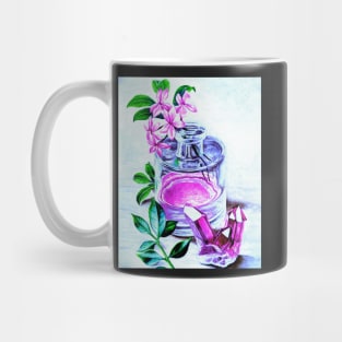 Pretty print perfume bottle and rose quartz - wiccan Mug